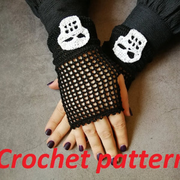 CROCHET PATTERN and photo tutorial for skull lace fingerless gloves, gothic mesh short arm warmers for goth girls,  alt accessory