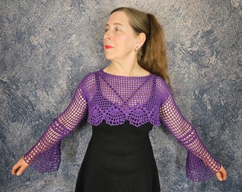 CROCHET PATTERN and photo tutorial on how to make floral green bolero or mesh sleeves for goth women or gothic top for alt music festivals