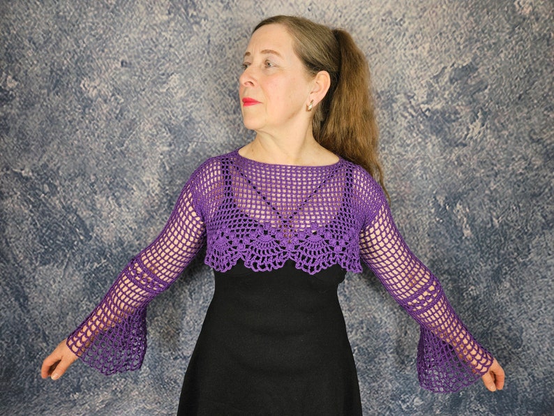 CROCHET PATTERN and photo tutorial on how to make floral green bolero or mesh sleeves for goth women or gothic top for alt music festivals image 1