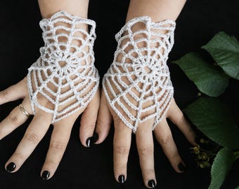 CROCHET PATTERN Lace spiderweb fingerless gloves, pdf crochet photo tutorial for goth short arm warmers, gothic accessories