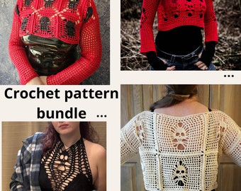 CROCHET PATTERN bundle and photo instructions on how to make gothic skull long sleeve and sleeveless tops, shrug, sweaters and bolero