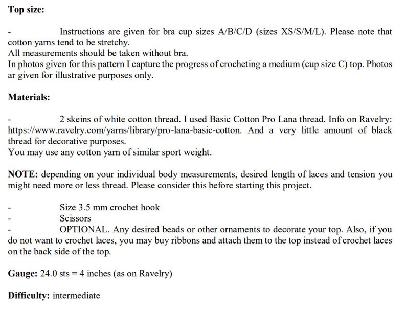 May include: Text from a crochet pattern, detailing instructions for a top. The pattern includes sizing information for bra cup sizes A/B/C/D, materials like white cotton thread, and a 3.5 mm crochet hook. The gauge is 24.0 sts = 4 inches, with an intermediate difficulty level.