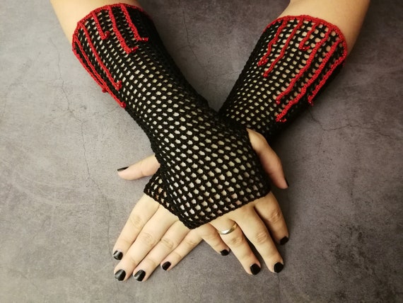Goth Vampire Crochet Cotton Fishnet Gloves, Gothic Long Arm Warmers With  Red Beads for Halloween Party Outfit, Alternative Wear, Goth Girls -   Hong Kong