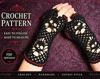 Patrón de guantes góticos sin dedos de crochet, calentadores de brazos con calaveras (patrón PDF)