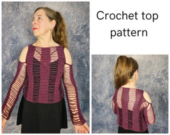 CROCHET PATTERN and photo tutorial on how to make mesh sweater for goth women or gothic mesh shrug, cropped top for alt music festivals