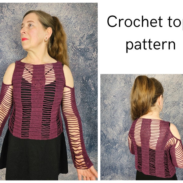 CROCHET PATTERN and photo tutorial on how to make mesh sweater for goth women or gothic mesh shrug, cropped top for alt music festivals