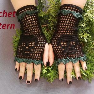 May include: A pair of black crochet fingerless gloves with green trim. The gloves are laid out on a green leafy surface. "Crochet pattern" is written in red text at the top of the image.