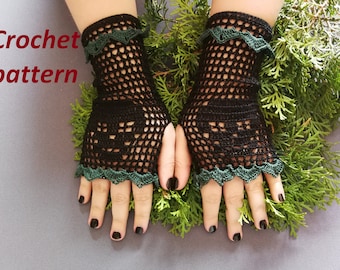 May include: A pair of black crochet fingerless gloves with green trim. The gloves are laid out on a green leafy surface. "Crochet pattern" is written in red text at the top of the image.
