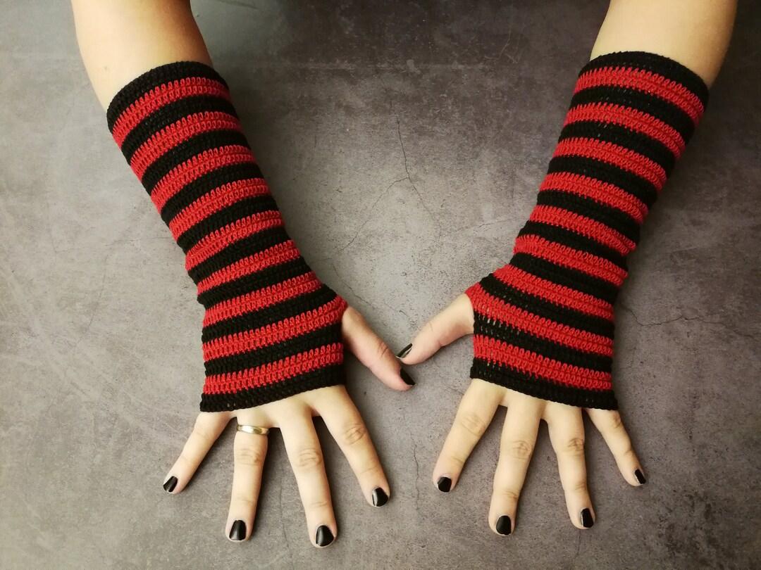 Gothic Crochet Striped Long Arm Warmers Alternative Punk Etsy