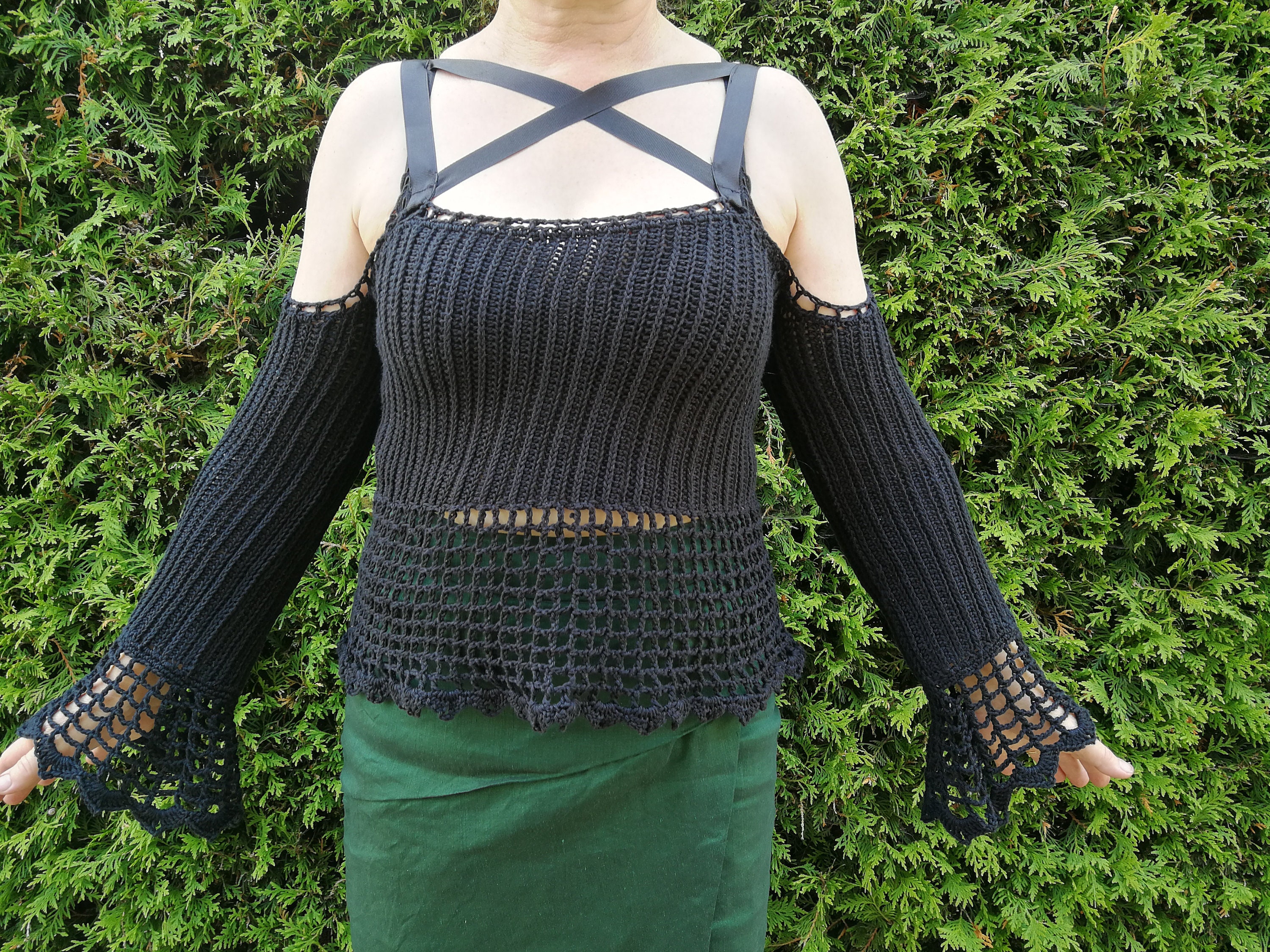 Goth Crochet Bell Sleeve Pullover 