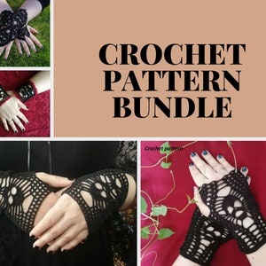 CROCHET PATTERN BUNDLE Gothic crochet fingerless gloves, black lace short arm warmers, patterns for 4 gloves included