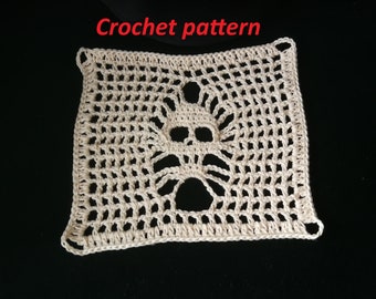 CROCHET PATTERN and photo tutorial to make skull granny square, as a motif to build blankets, wearables, goth clothes, Halloween costume