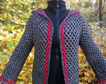 CROCHET PATTERN and photo tutorial on how to make granny hooded long jacket or medevial style lace coat with a hood