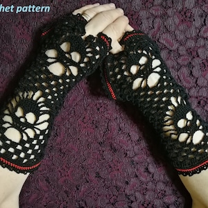 CROCHET PATTERN Gothic crochet fingerless gloves, skull long arm warmers for Halloween costume, goth girls, alt wear