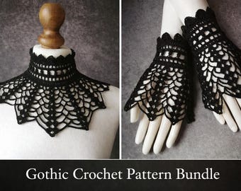 Gothic Crochet Collar Necklace and Gloves Pattern Bundle (Intermediate)