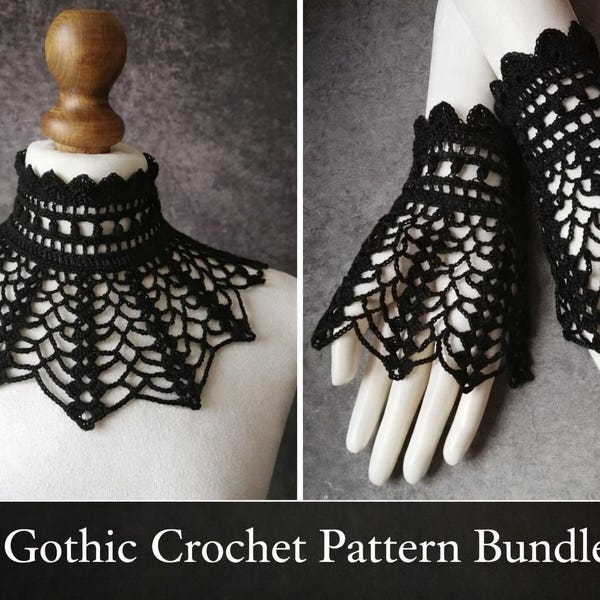 Gothic Crochet Collar Necklace and Gloves Pattern Bundle (Intermediate)