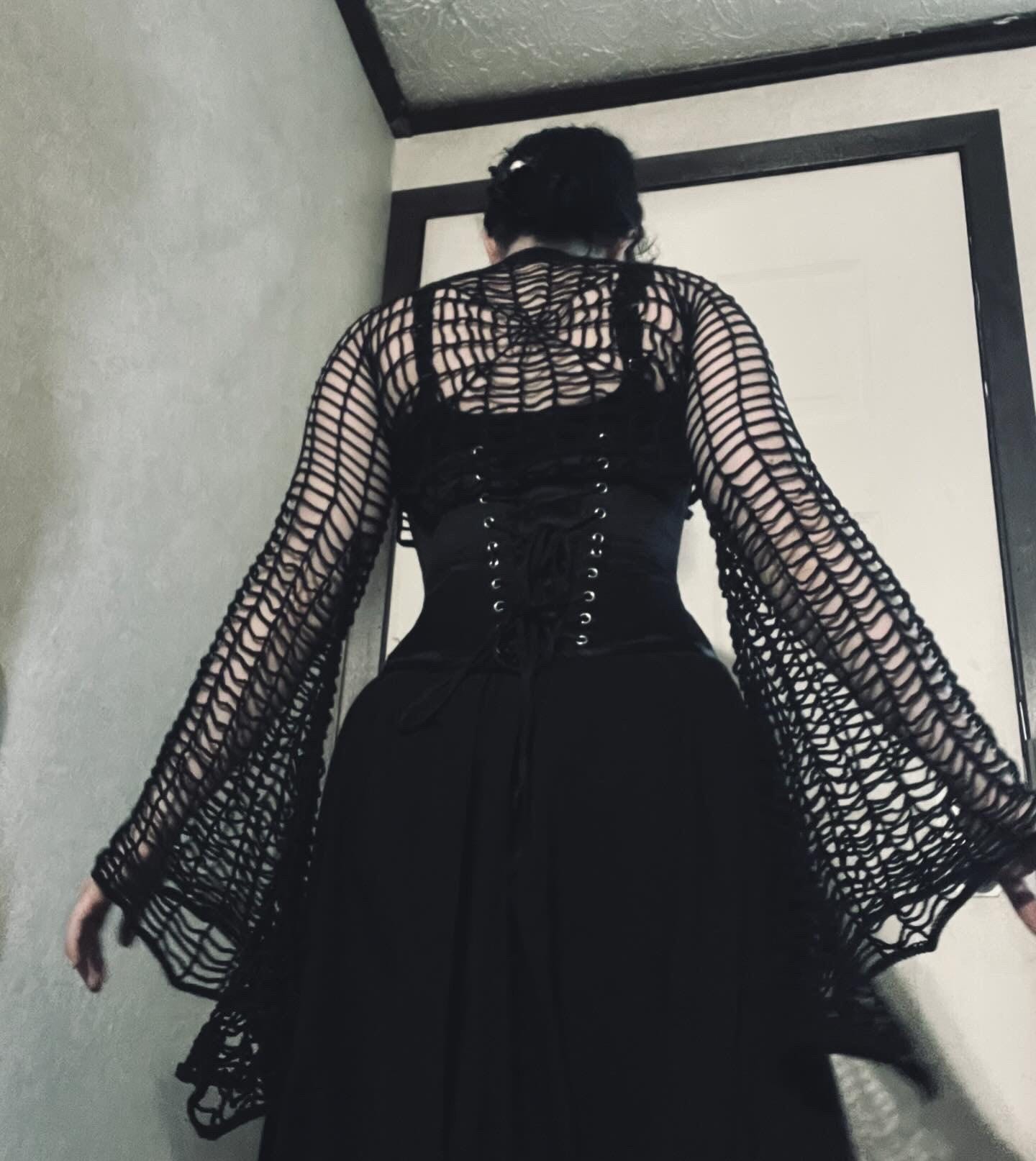 crochet gothic dress Widow Sheer Crochet Bell Sleeve Mini Dress With Open Back Festival Fairycore