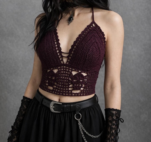 Gothic Crochet Crop Top PATTERN, Festival Bralette (digital
