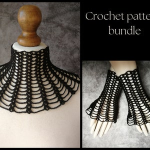 CROCHET PATTERN BUNDLE Black gothic crochet lace collar necklace, Goth crochet lace fingerless gloves