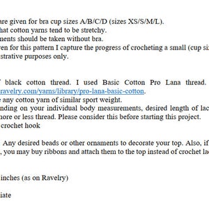 May include: A detailed guide for crocheting a top, including instructions for bra cup sizes A/B/C/D and sizes XS/S/M/L. The materials list includes black cotton thread, a 3.5 mm crochet hook, and scissors. The gauge is 24.0 sts = 4 inches. Difficulty: intermediate.