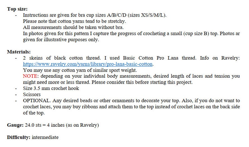 May include: A detailed guide for crocheting a top, including instructions for bra cup sizes A/B/C/D and sizes XS/S/M/L. The materials list includes black cotton thread, a 3.5 mm crochet hook, and scissors. The gauge is 24.0 sts = 4 inches. Difficulty: intermediate.