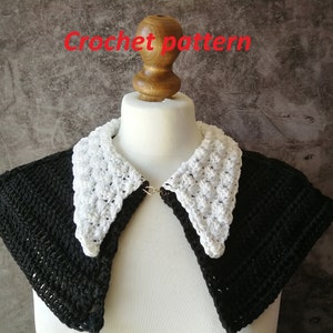 May include: Crochet pattern for a black and white collar with a metal clasp. The collar is crocheted in a textured stitch and has a pointed shape.