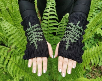 Crochet Fern Applique Fingerless Gloves Pattern, Goth Cottagecore (PDF Pattern)