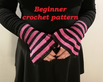 CROCHET PATTERN Gothic striped short arm warmers, alternative punk black and pink gloves for goth girls, punks, emo