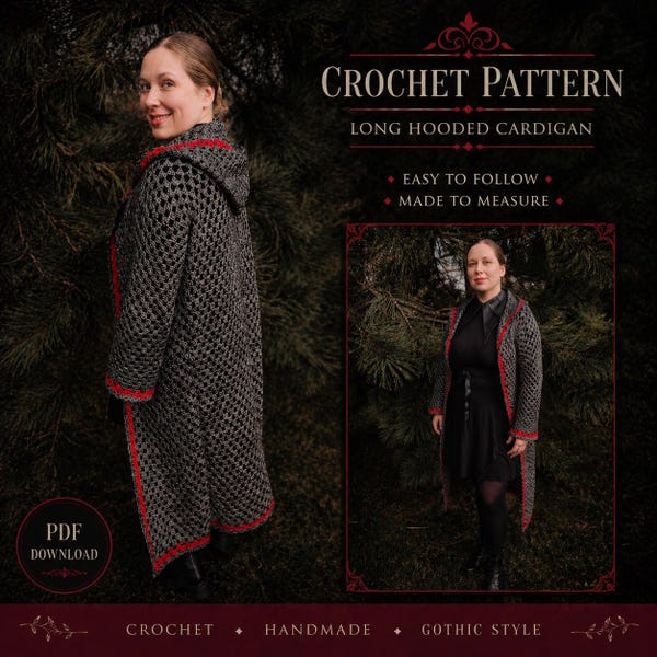 Crochet Granny Hooded Coat Pattern – Long Duster Cardigan with Hood – Witchy Fall Jacket PDF