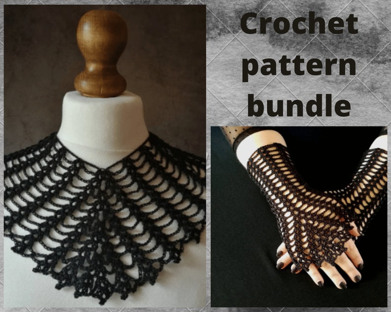 May include: A crochet pattern bundle featuring a black lace collar and fingerless gloves. The crochet pattern bundle includes instructions for both projects.