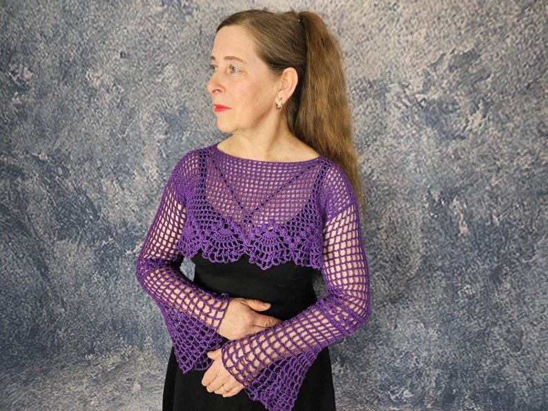 CROCHET PATTERN and photo tutorial on how to make floral green bolero or mesh sleeves for goth women or gothic top for alt music festivals image 3