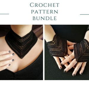 CROCHET PATTERN BUNDLE Black gothic crochet lace collar necklace, Goth crochet lace fingerless gloves