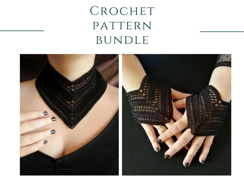 CROCHET PATTERN BUNDLE Black gothic crochet lace collar necklace, Goth crochet lace fingerless gloves image 1