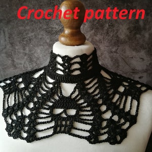 May include: Black crochet collar with a delicate lace pattern. The collar is displayed on a white mannequin bust.