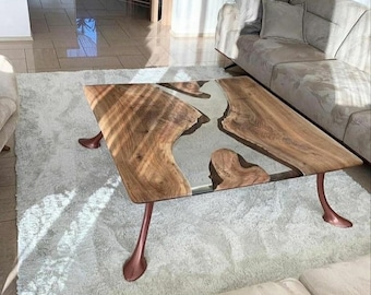 Epoxy sofa table, wood and resin side table, epoxy finish table, living room furniture, mid-century sofa, sofa tea table
