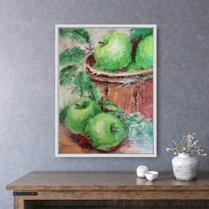 Pintura em miniatura maçãs impressionismo contemporâneo artesanal paleta faca papelão tintas a óleo