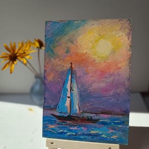 Veleiro ao nascer do sol pintura a óleo imagem de parede artesanal paleta faca tintas a óleo papelão impressionismo moderno