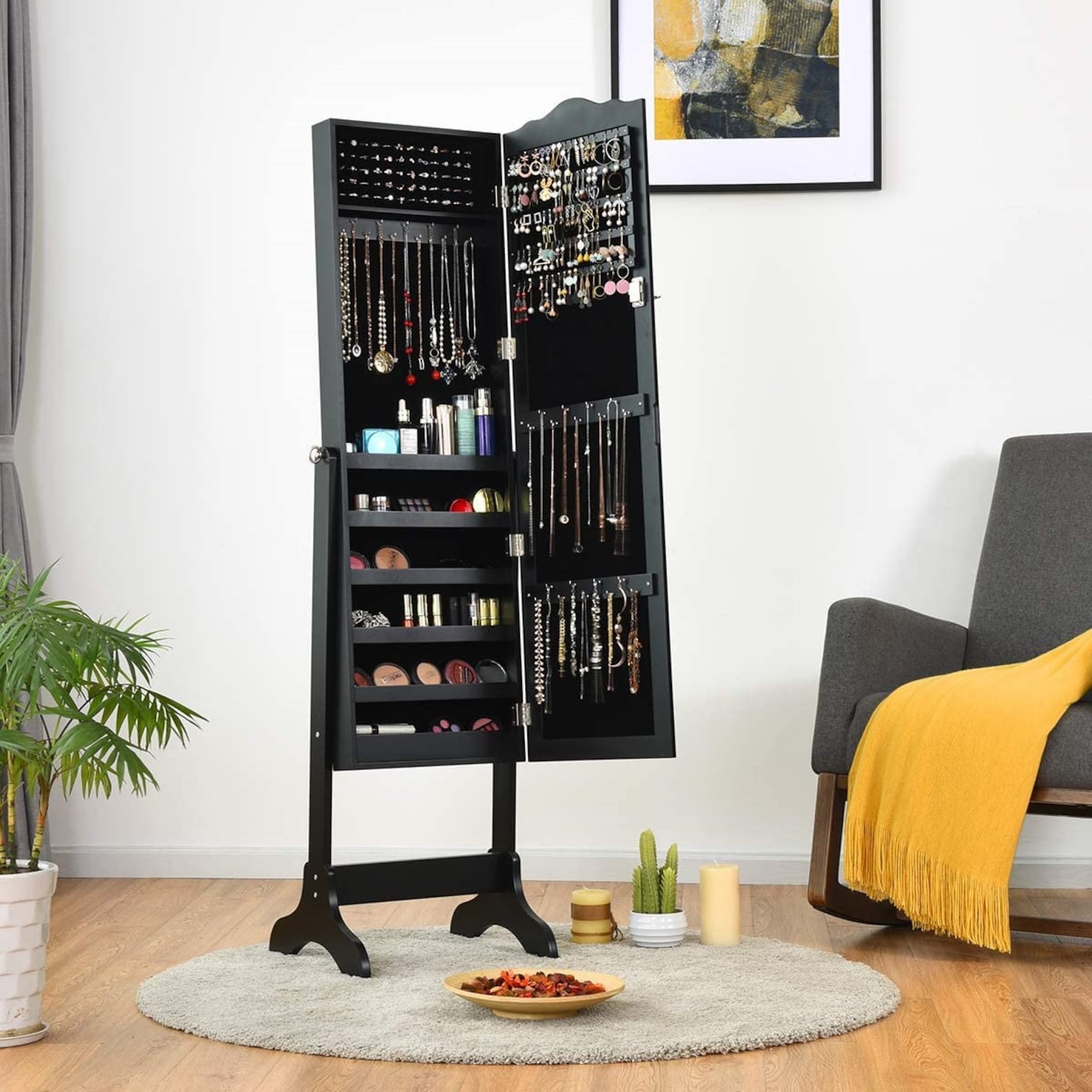 2021 Modern Black Jewelry Box Armoire with Mirror Standing Etsy