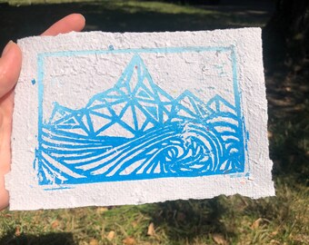 Icy Mountain and Wave Original Linocut Print on Handmade Recycled Paper