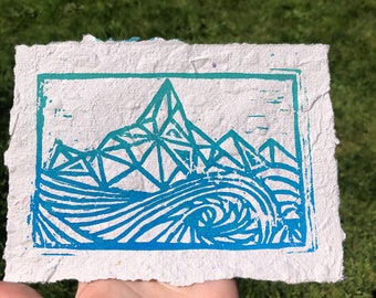 Moody Mountain and Wave Original Linocut on Handcrafted Recycled Paper