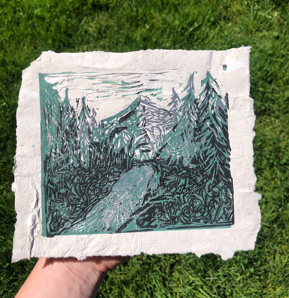 Mountainscape Original Linocut Print on Recycled Handcrafted Etsy UK