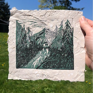 Mountainscape Original Linocut Print on Recycled, Handcrafted Paper