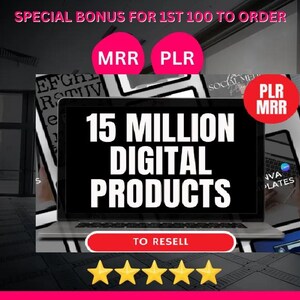 Könnte beinhalten: Ein Laptop-Bildschirm zeigt "15 MILLION DIGITAL PRODUCTS" in weißem Text. Das Bild enthält den Text "TO RESELL" auf einer roten Schaltfläche und die Wörter "MRR" und "PLR" in rosa Kreisen. Fünf goldene Sterne befinden sich unten.