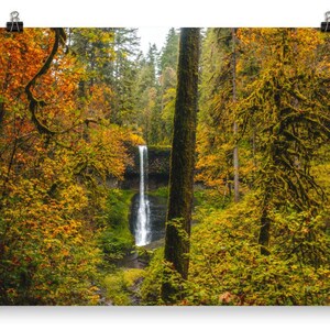 Waterfall Poster Print, Winter Falls Oregon, Waterfall Wall Art, Fall Foliage Home Decor, Fall Wall Art
