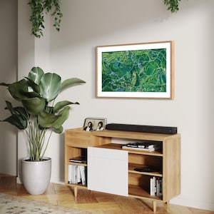 The vibrantly green and colorful Forest Park painting framed with matting on white wall in home interior setting above a wooden media console surrounded by houseplants and bathed in bright natural light.