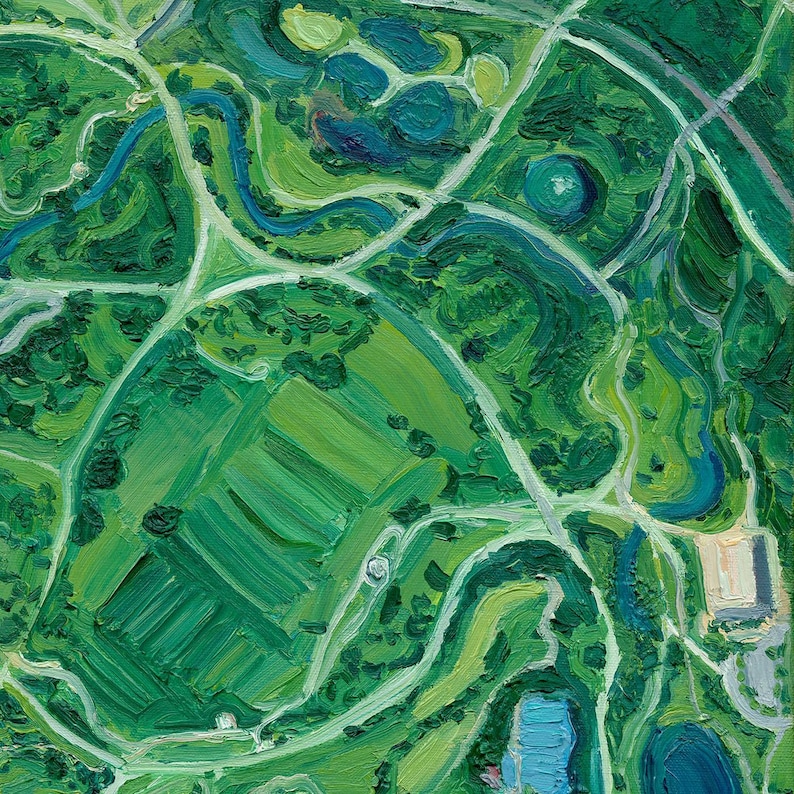 Close-up of the detailed, textural brushstrokes of an original oil painting of Forest Park, St. Louis, Missouri by Olivia Serrill—a vibrant green and colorful art piece with green spaces, floral gardens, trails, and lakes.