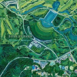 Close-up of original oil painting of Forest Park, St. Louis, Missouri by Olivia Serrill—a painting with green spaces, floral gardens, trails, and lakes. This section of the painting also highlights the name of the piece: "Forest Park, St. Louis, Missouri" in a bold, colorful, 3-dimensional sans-serif typeface that blends in with the rest of the painting.