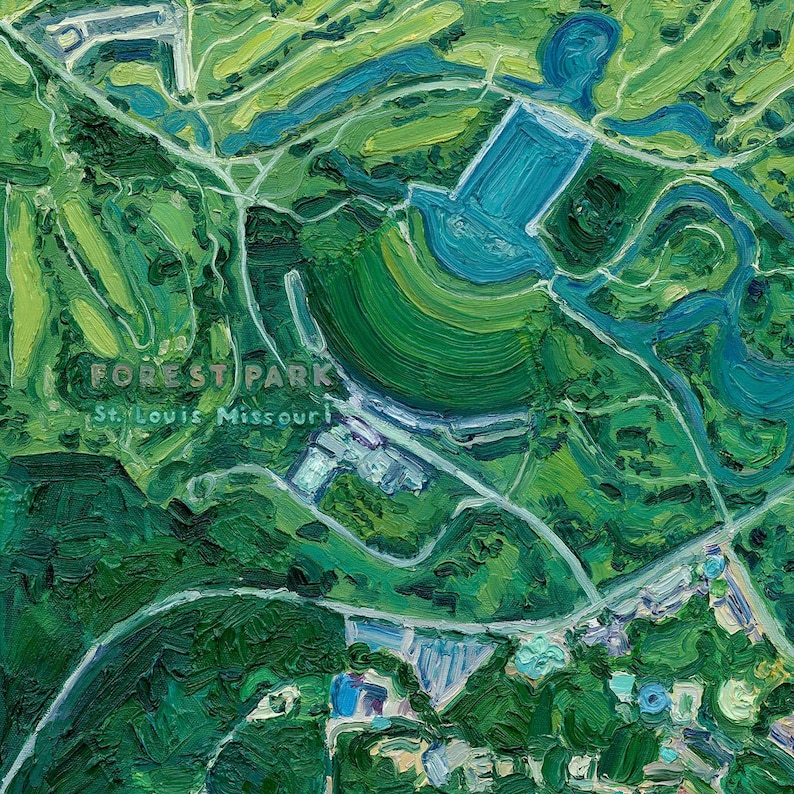 Close-up of original oil painting of Forest Park, St. Louis, Missouri by Olivia Serrill—a painting with green spaces, floral gardens, trails, and lakes. This section of the painting also highlights the name of the piece: "Forest Park, St. Louis, Missouri" in a bold, colorful, 3-dimensional sans-serif typeface that blends in with the rest of the painting.
