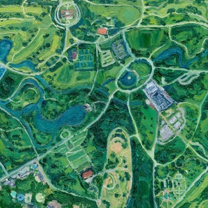 Close-up of the detailed, textural brushstrokes of an original oil painting of Forest Park, St. Louis, Missouri by Olivia Serrill—a vibrant green and colorful art piece with green spaces, floral gardens, trails, and lakes.