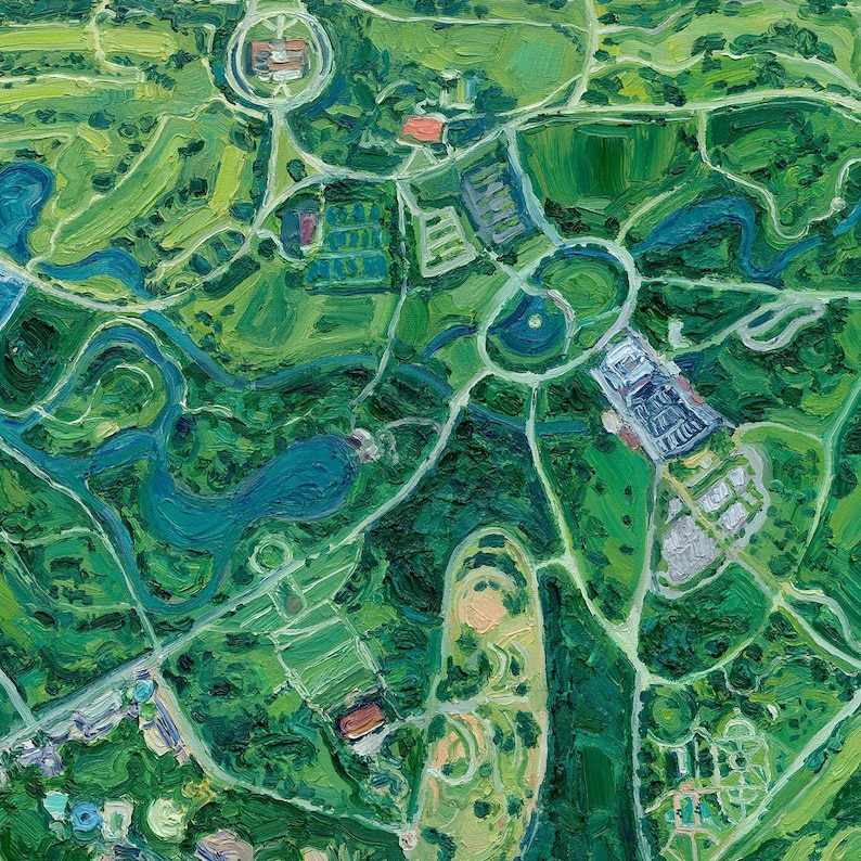 Close-up of the detailed, textural brushstrokes of an original oil painting of Forest Park, St. Louis, Missouri by Olivia Serrill—a vibrant green and colorful art piece with green spaces, floral gardens, trails, and lakes.